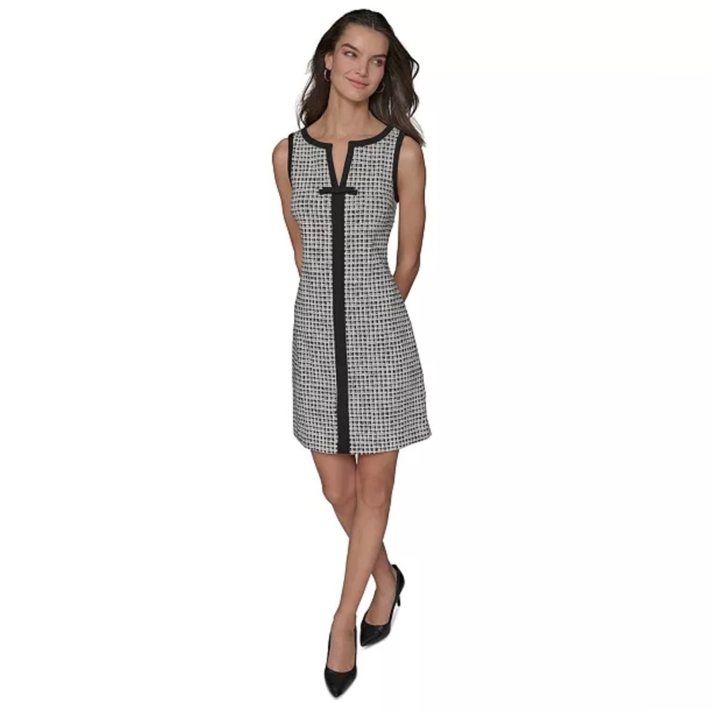 KARL LAGERFELD PARIS Women's Jacquard Contrast-Frame BlackWhite Sleeveless Dress - Picture 2 of 9